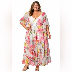 Wayward Fancies eShakti Floral Smocked Maxi Dress 2X 22W Pink White Wedding